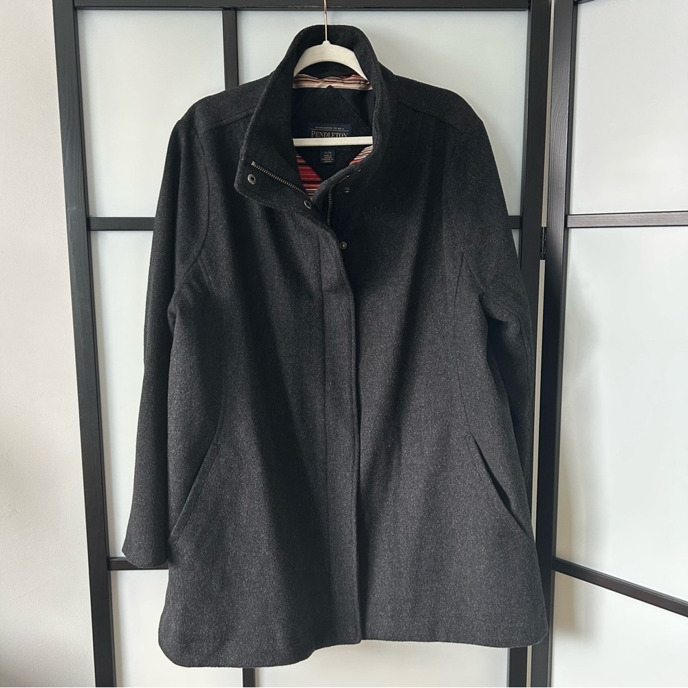 [XL] Pendleton Dark Charcoal Gray Lightweight Wool Coat Colourful Lining Winter